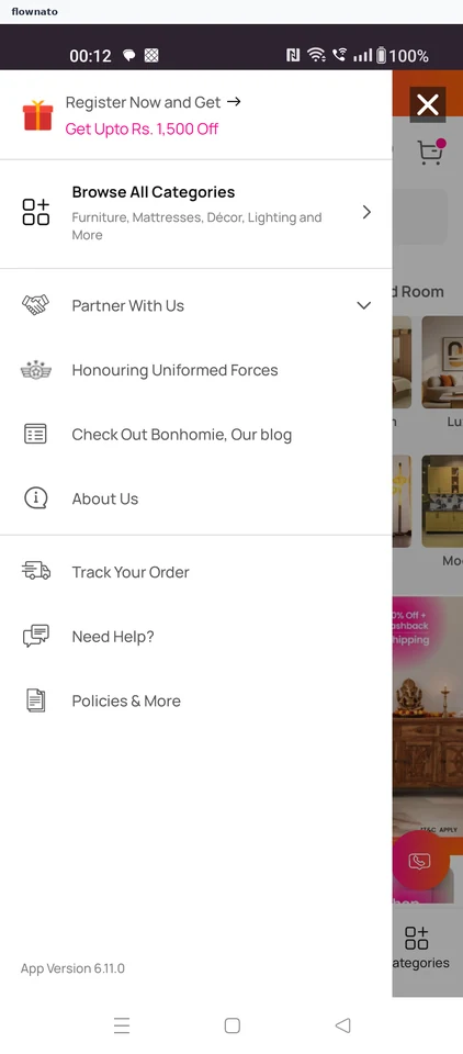 Pepperfry: Navigation menu