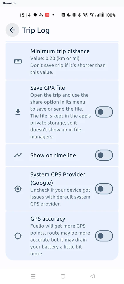 Fuelio: Trip Log settings