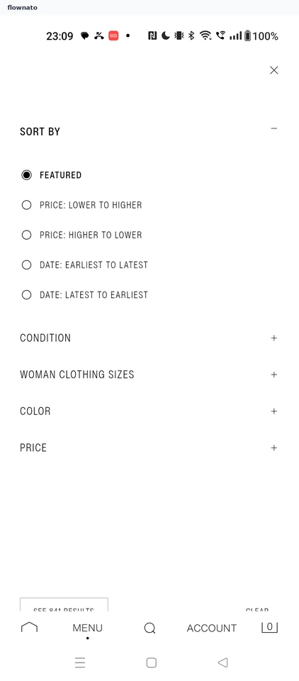 ZARA: Pre-owned sort and filter panel