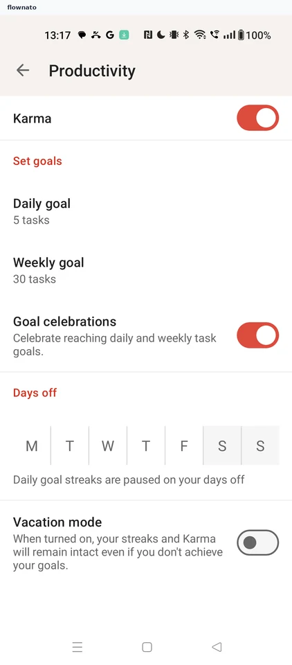 Todoist: Productivity settings