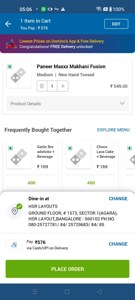 Domino’s: Cart with one item