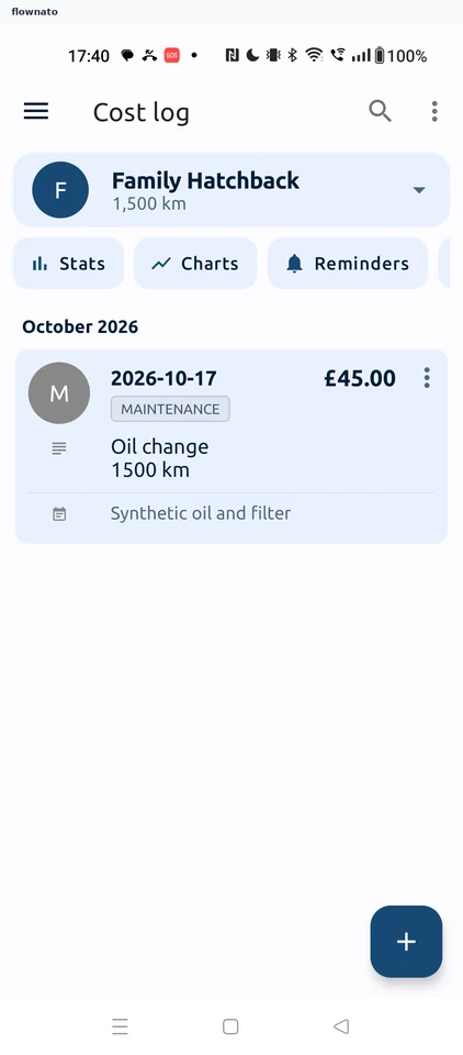 Fuelio: Cost log