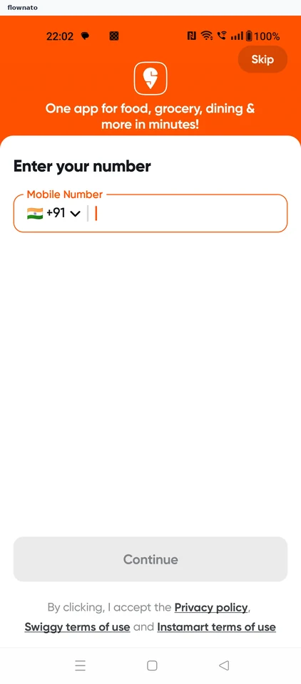 Swiggy: Enter phone number