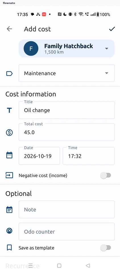 Fuelio: Add cost form