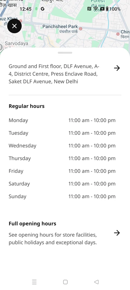 IKEA Check address and regular hours screen