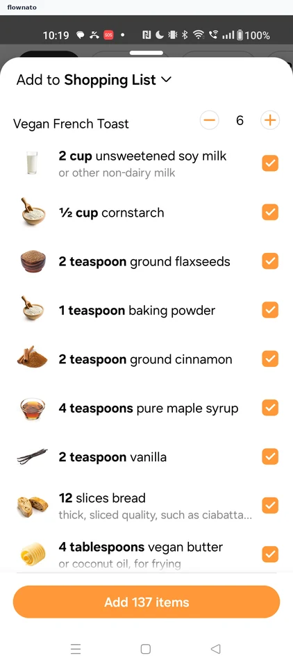Samsung Food: Add to Shopping List sheet