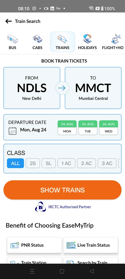 EaseMyTrip: Review NDLS–MMCT search