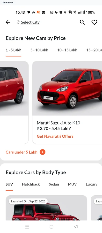 CarDekho Pick a price band screen