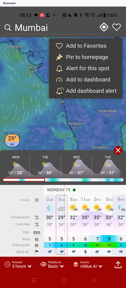 Windy: Favorites menu