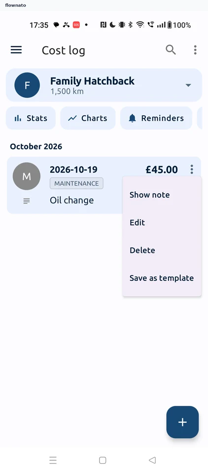 Fuelio: Cost entry options