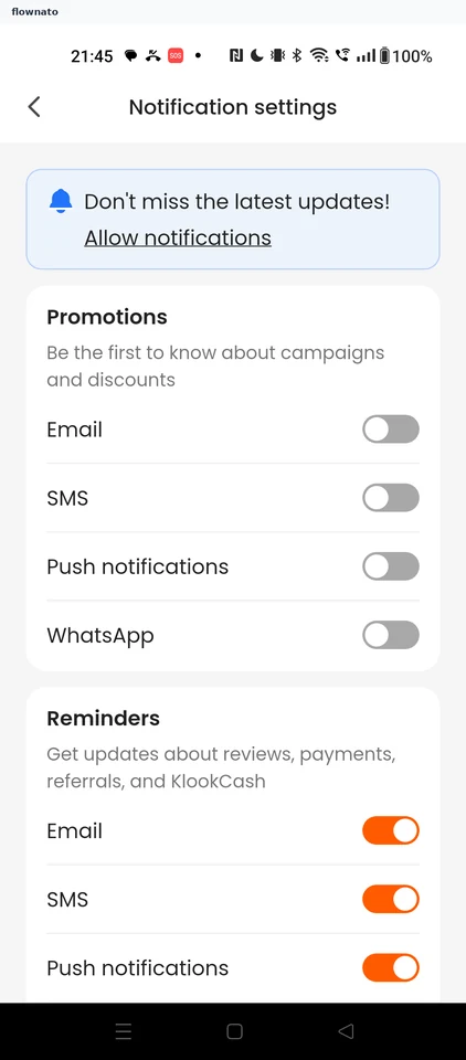 Klook: Notification settings