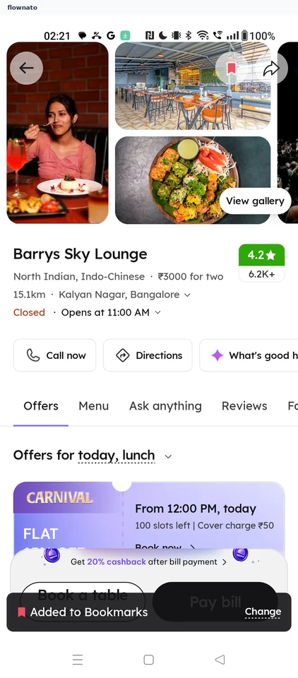 Zomato: Added to bookmarks