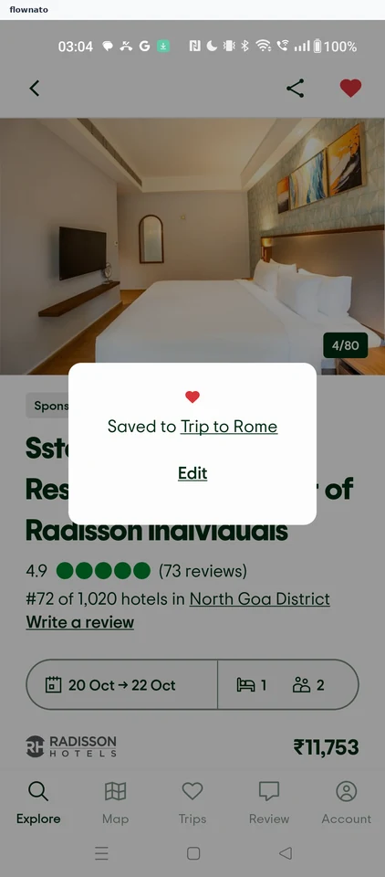 Tripadvisor: Hotel saved to a trip