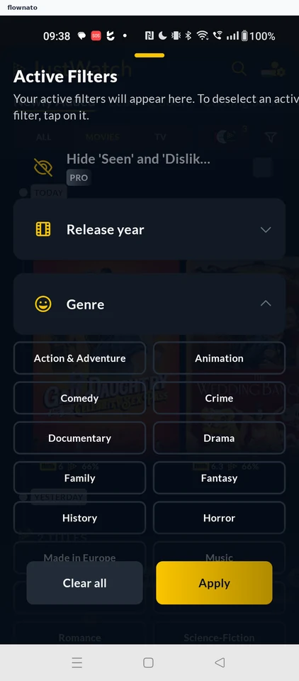 JustWatch: Release list filters sheet