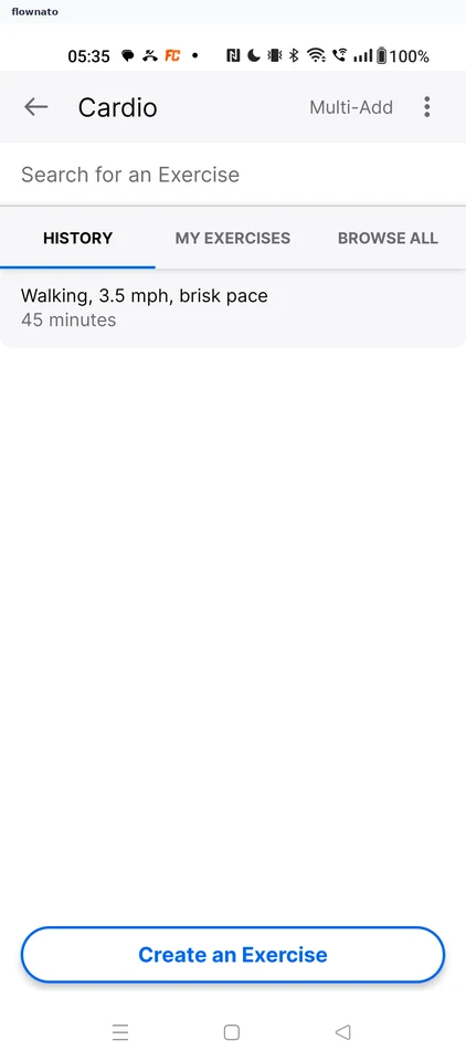 MyFitnessPal: Cardio search history