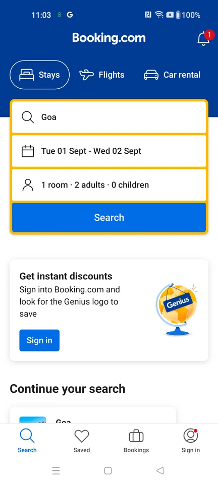 Booking.com Search for a stay screen