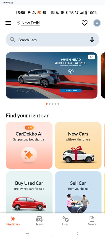 CarDekho Start from Find Cars screen