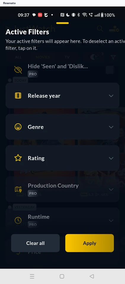 JustWatch: Release list filters sheet