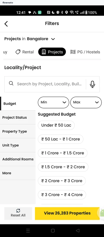 Squareyards: Projects filters