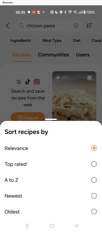 Samsung Food: Sort recipes sheet