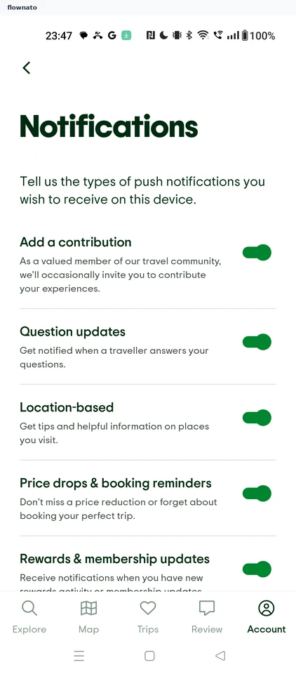 Tripadvisor: Push notification types