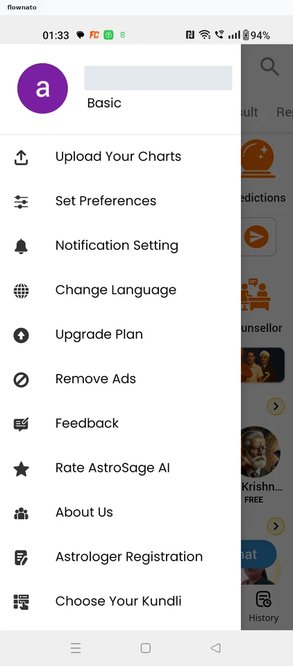 AstroSage Kundli: Account panel and destinations