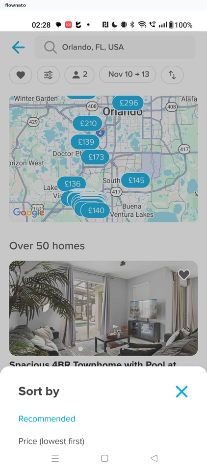 Homes results list with map preview