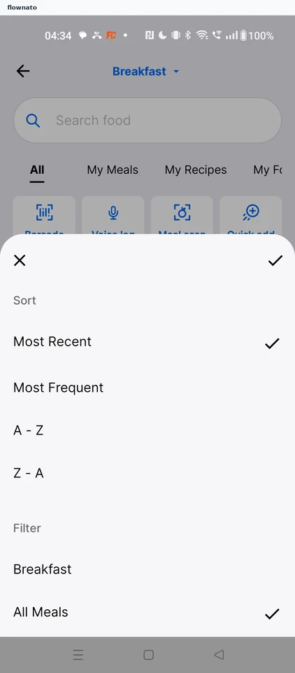 MyFitnessPal: Sort and filter sheet