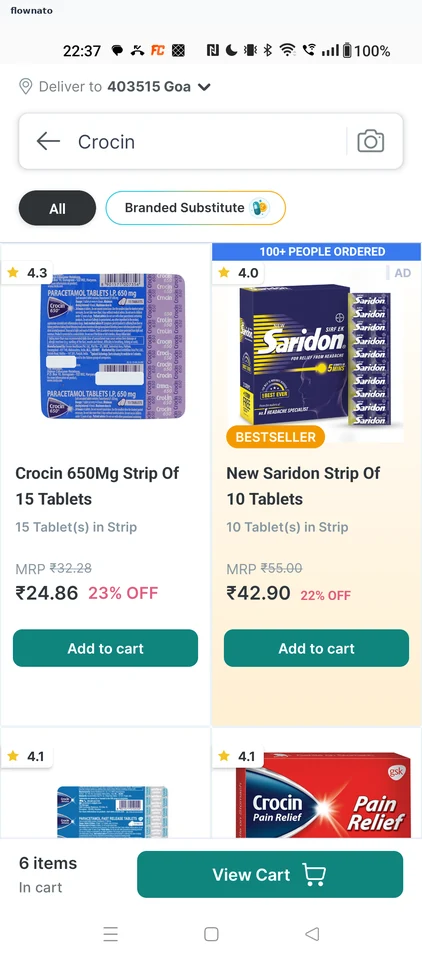 PharmEasy: Crocin results, All selected