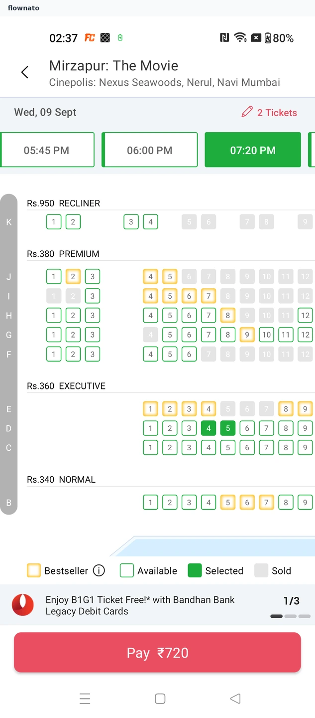 BookMyShow: Payment step for the selected seats